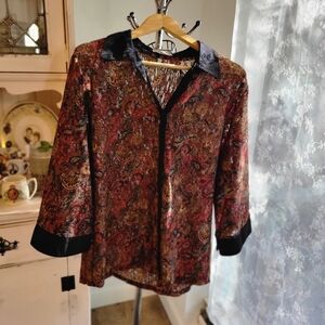 Sheer Dark Floral Paisley Blouse with Black Collar And Cuffs